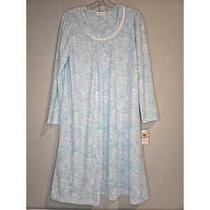 Miss Elaine Aqua Paisley Nightgown Small Long Sleeve Soft Woven Cotton NEW
